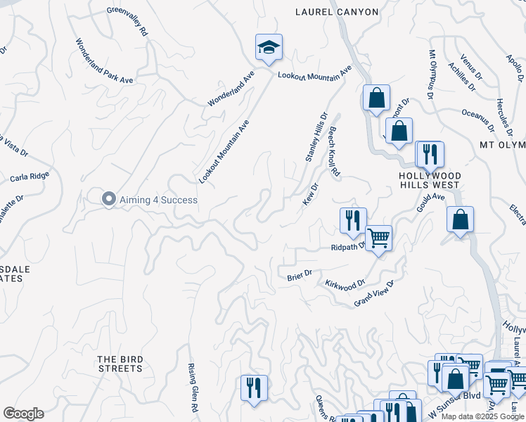 map of restaurants, bars, coffee shops, grocery stores, and more near 8573 Appian Way in Los Angeles