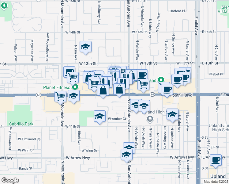 map of restaurants, bars, coffee shops, grocery stores, and more near 887 West Foothill Boulevard in Upland