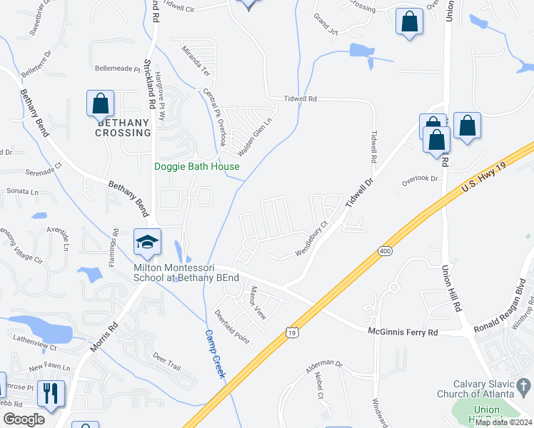 map of restaurants, bars, coffee shops, grocery stores, and more near 1053 Prestwyck Court in Alpharetta