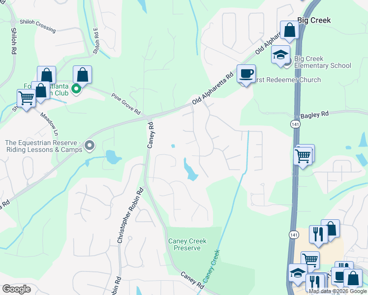 map of restaurants, bars, coffee shops, grocery stores, and more near 2535 Green Meadow Way in Cumming