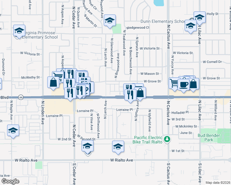 map of restaurants, bars, coffee shops, grocery stores, and more near 1035 West Clover Avenue in Rialto