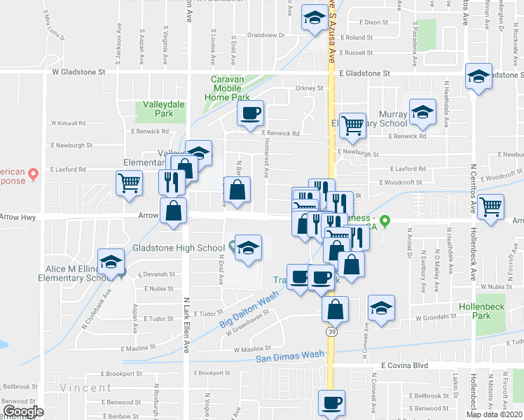 map of restaurants, bars, coffee shops, grocery stores, and more near 17205 East Arrow Highway in Azusa
