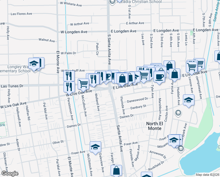 map of restaurants, bars, coffee shops, grocery stores, and more near 2 East Live Oak Avenue in Arcadia