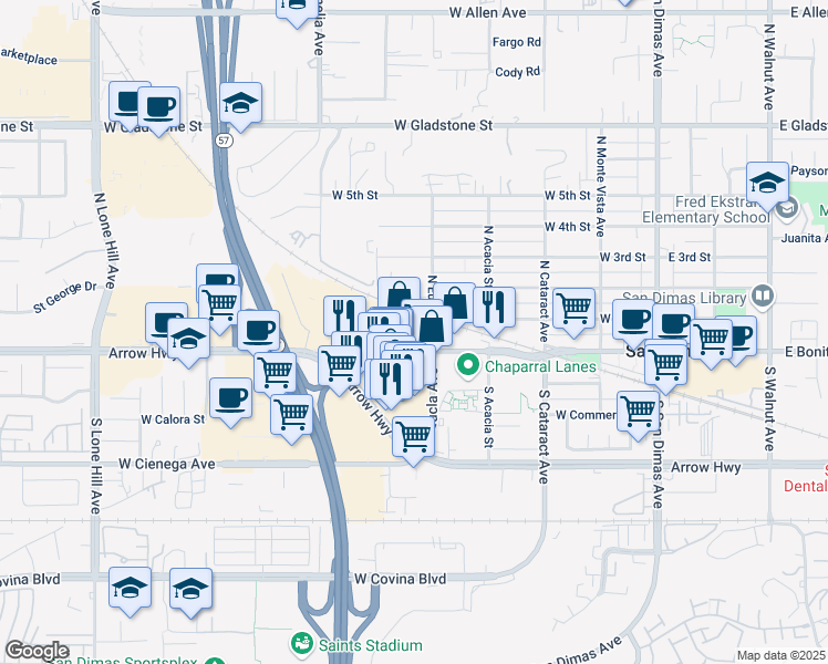 map of restaurants, bars, coffee shops, grocery stores, and more near 501 West Bonita Avenue in San Dimas