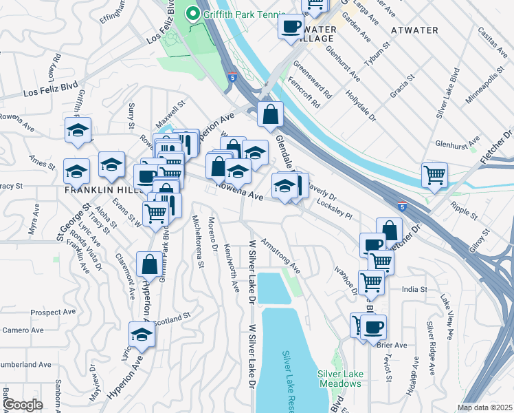 map of restaurants, bars, coffee shops, grocery stores, and more near 2839 Buzz Court in Los Angeles