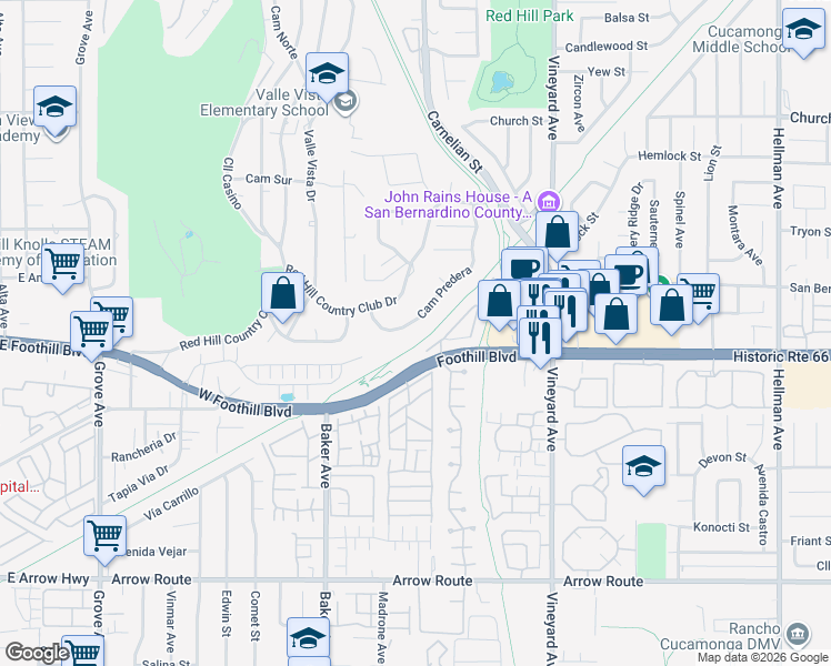 map of restaurants, bars, coffee shops, grocery stores, and more near Camino Predera in Rancho Cucamonga