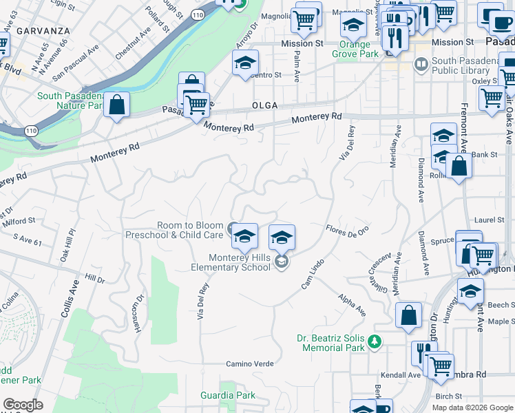 map of restaurants, bars, coffee shops, grocery stores, and more near 1520 Indiana Avenue in South Pasadena