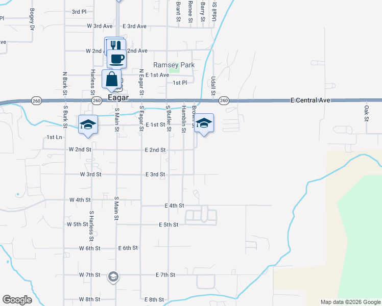 map of restaurants, bars, coffee shops, grocery stores, and more near 212 Brown Street in Eagar