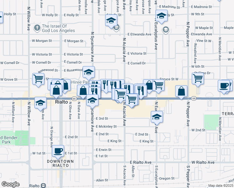 map of restaurants, bars, coffee shops, grocery stores, and more near 402 Foothill Boulevard in Rialto