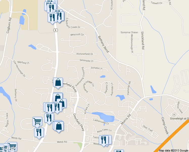 map of restaurants, bars, coffee shops, grocery stores, and more near 365 Silhouette Court in Alpharetta