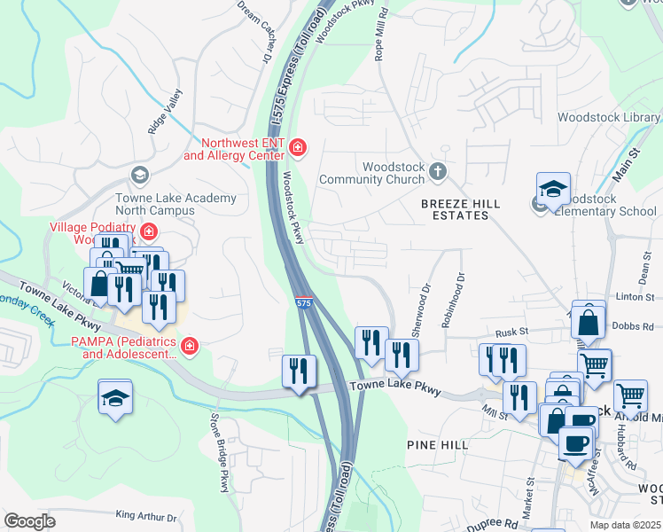 map of restaurants, bars, coffee shops, grocery stores, and more near 349 Commons Avenue in Woodstock