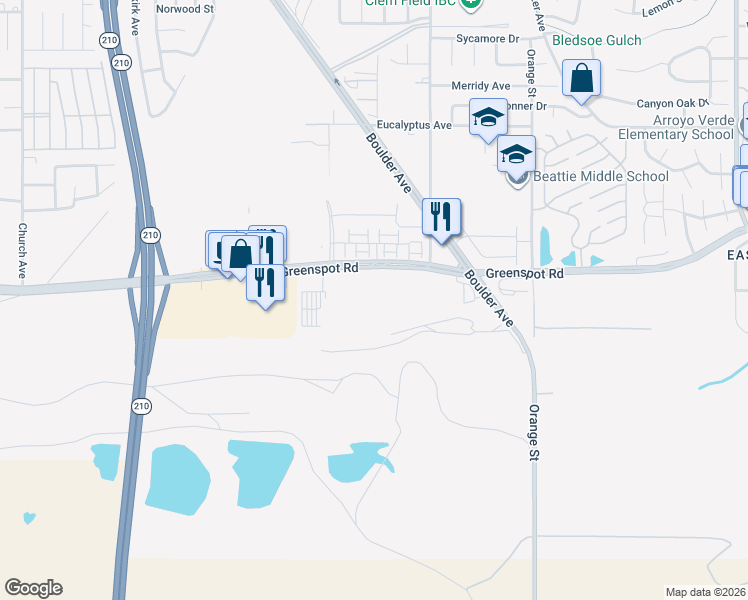 map of restaurants, bars, coffee shops, grocery stores, and more near 28214 Greenspot Road in Highland