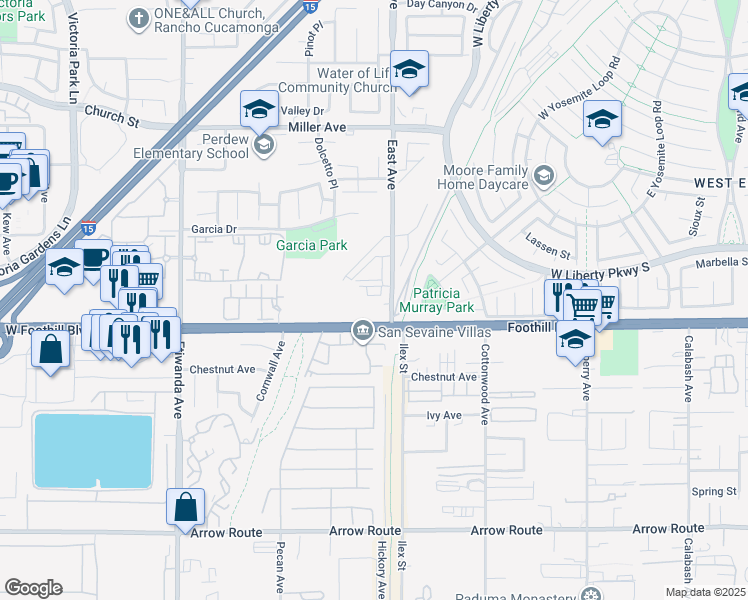 map of restaurants, bars, coffee shops, grocery stores, and more near 8050 East Avenue in Fontana