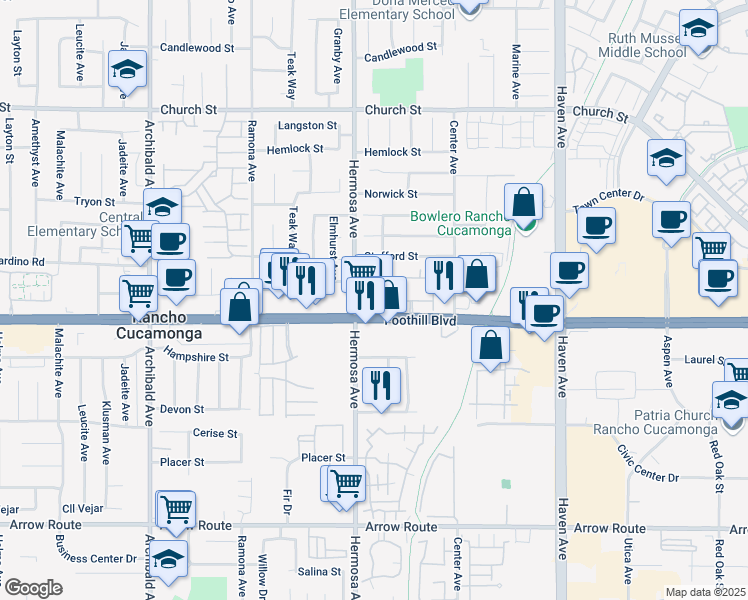 map of restaurants, bars, coffee shops, grocery stores, and more near East Foothill Boulevard in Rancho Cucamonga