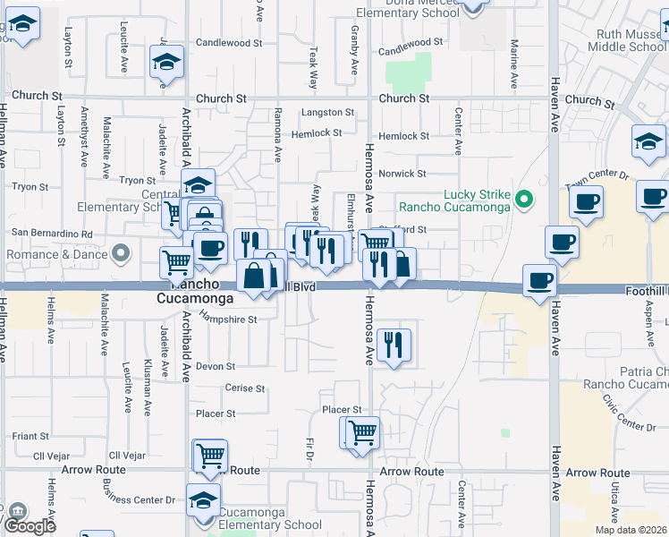 map of restaurants, bars, coffee shops, grocery stores, and more near 10028 West Historic Route 66 in Rancho Cucamonga