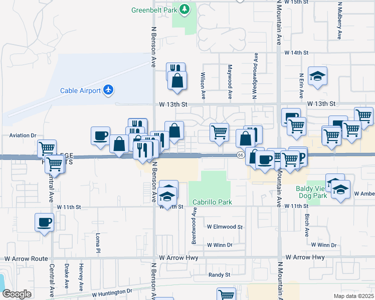 map of restaurants, bars, coffee shops, grocery stores, and more near 1489 West Foothill Boulevard in Upland