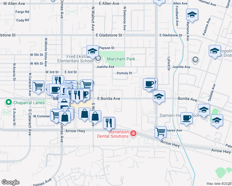 map of restaurants, bars, coffee shops, grocery stores, and more near 455 East Bonita Avenue in San Dimas