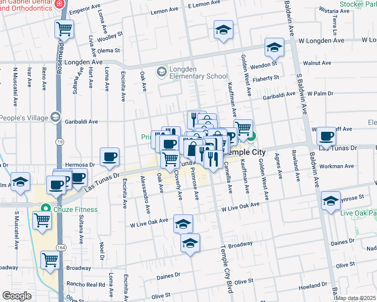 map of restaurants, bars, coffee shops, grocery stores, and more near 9557 East Las Tunas Drive in Temple City