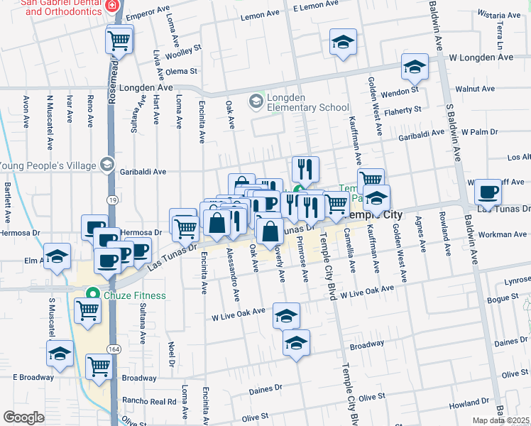 map of restaurants, bars, coffee shops, grocery stores, and more near 9445 1/2 East Las Tunas Drive in Temple City