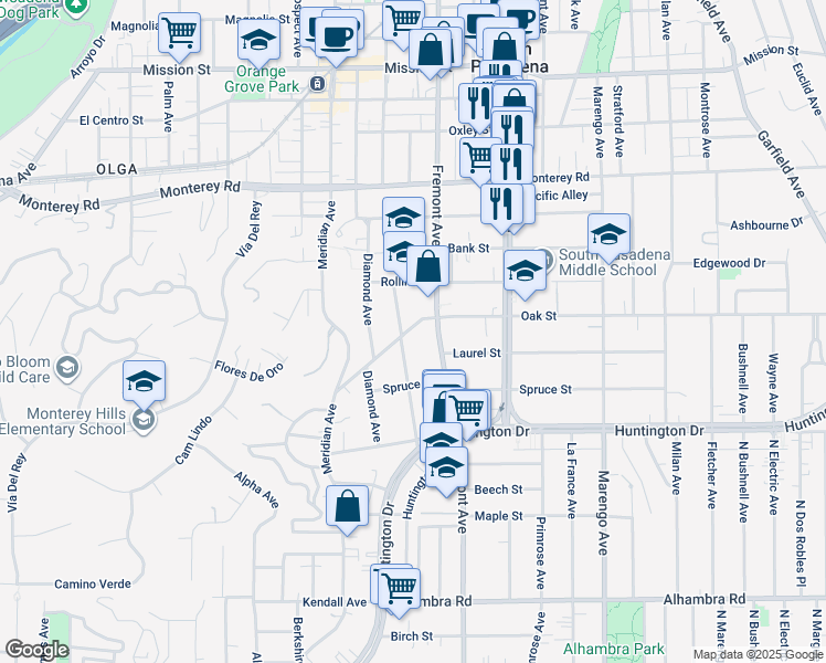map of restaurants, bars, coffee shops, grocery stores, and more near 1623 Fremont Avenue in South Pasadena