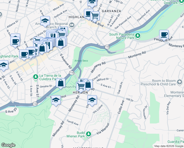 map of restaurants, bars, coffee shops, grocery stores, and more near 6117 Monterey Road in Los Angeles