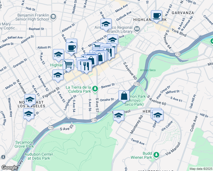 map of restaurants, bars, coffee shops, grocery stores, and more near 5730 Benner Street in Los Angeles