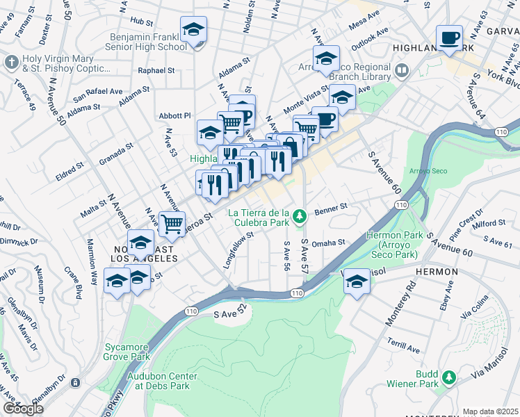map of restaurants, bars, coffee shops, grocery stores, and more near 134 South Avenue 55 in Los Angeles