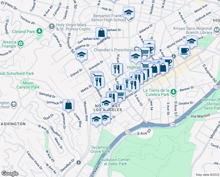 map of restaurants, bars, coffee shops, grocery stores, and more near 203 North Avenue 51 in Los Angeles