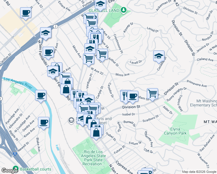 map of restaurants, bars, coffee shops, grocery stores, and more near 2251 Cazador Drive in Los Angeles