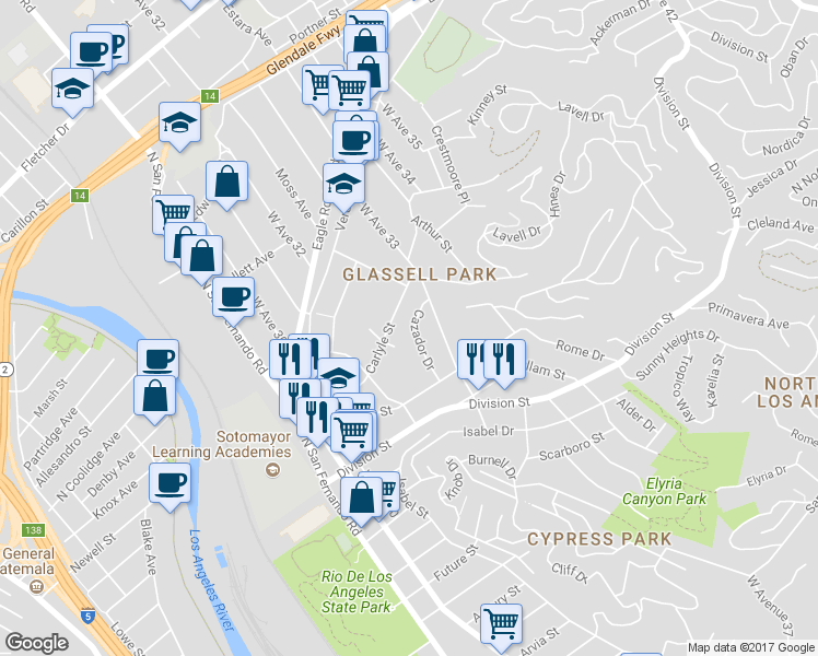 map of restaurants, bars, coffee shops, grocery stores, and more near 3144 Carlyle Street in Los Angeles