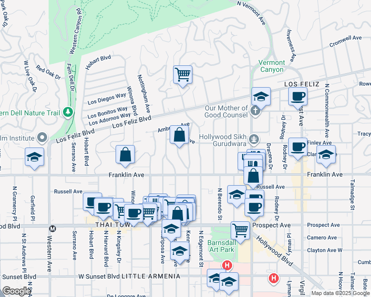 map of restaurants, bars, coffee shops, grocery stores, and more near 1953 North Kenmore Avenue in Los Angeles