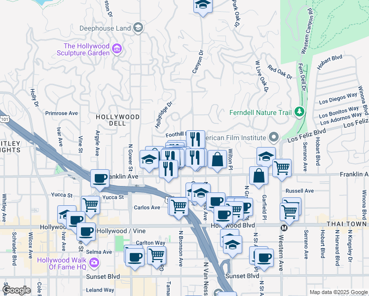 map of restaurants, bars, coffee shops, grocery stores, and more near 1952 Canyon Drive in Los Angeles