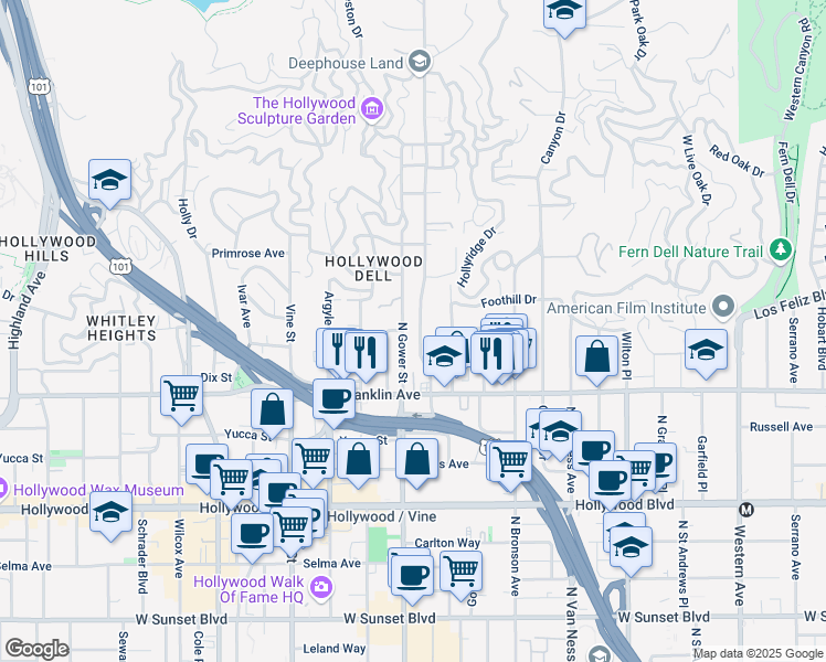 map of restaurants, bars, coffee shops, grocery stores, and more near 1962 North Beachwood Drive in Los Angeles