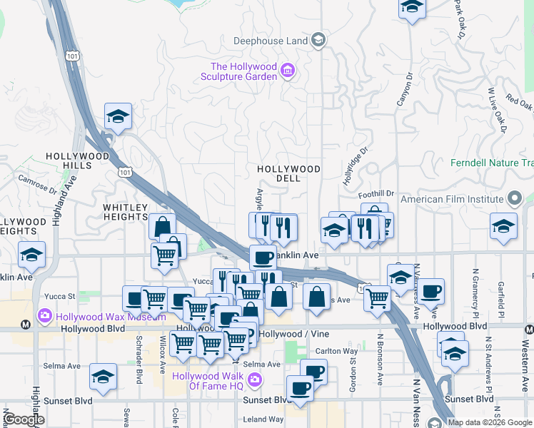 map of restaurants, bars, coffee shops, grocery stores, and more near 1957 Vista Del Mar Avenue in Los Angeles