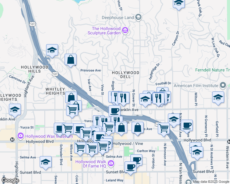 map of restaurants, bars, coffee shops, grocery stores, and more near 1957 Vista Del Mar Avenue in Los Angeles