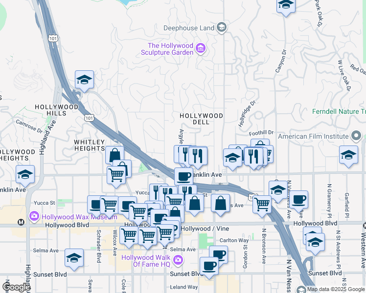 map of restaurants, bars, coffee shops, grocery stores, and more near 1957 Vista Del Mar Avenue in Los Angeles