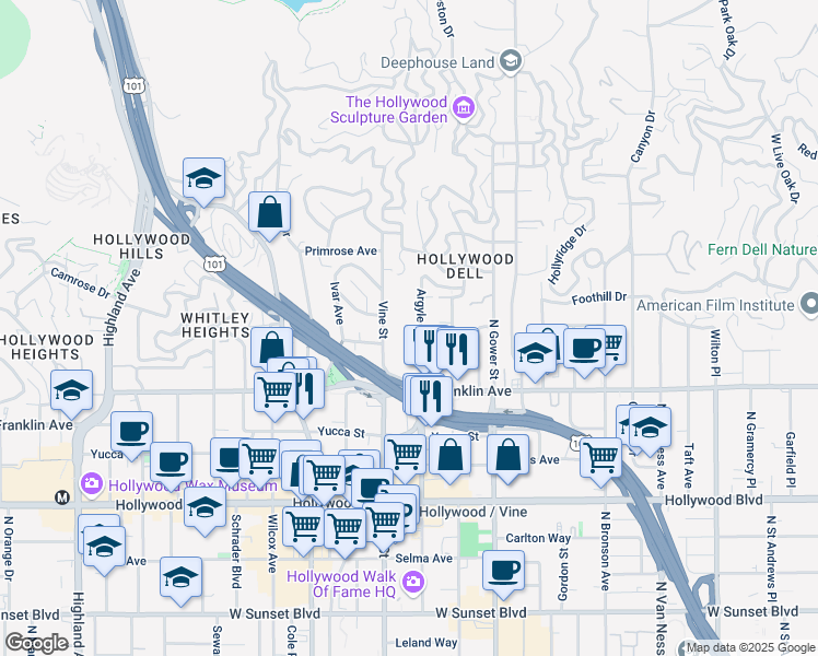 map of restaurants, bars, coffee shops, grocery stores, and more near 1961 Argyle Avenue in Los Angeles