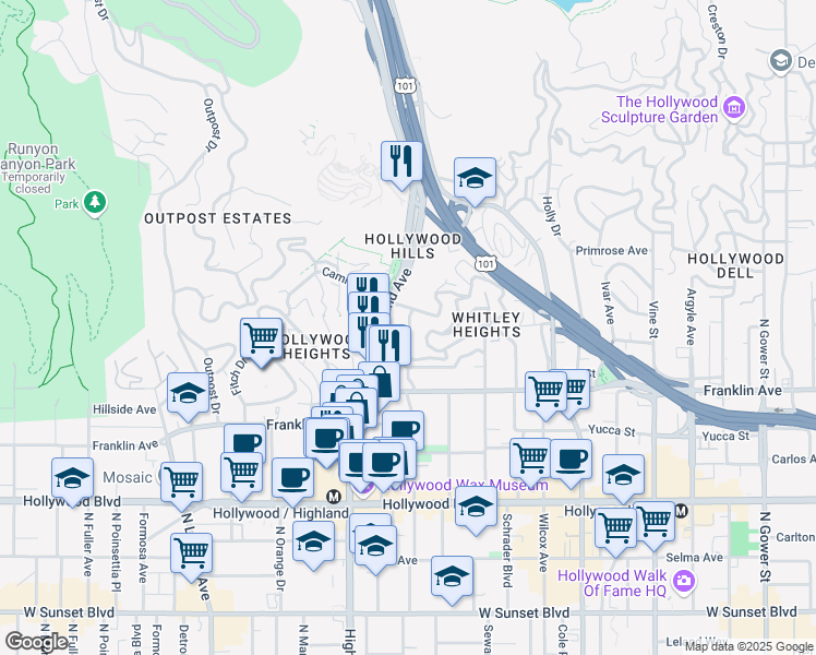 map of restaurants, bars, coffee shops, grocery stores, and more near 2010 North Highland Avenue in Los Angeles