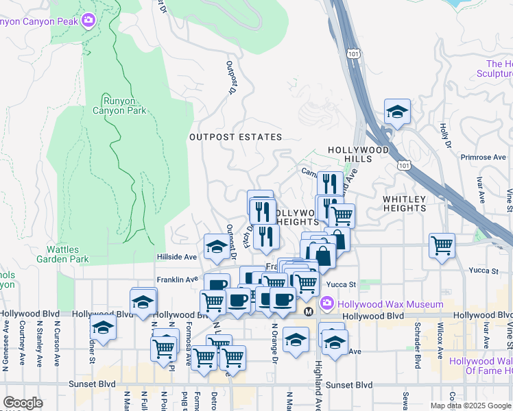 map of restaurants, bars, coffee shops, grocery stores, and more near 2015 North Sycamore Avenue in Los Angeles