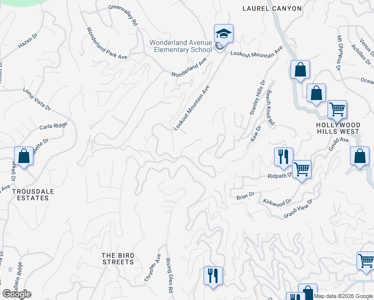 map of restaurants, bars, coffee shops, grocery stores, and more near 8875 Appian Way in Los Angeles