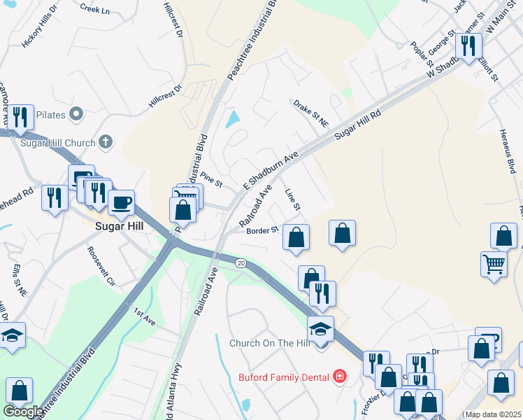 map of restaurants, bars, coffee shops, grocery stores, and more near 1457 Railroad Avenue in Buford