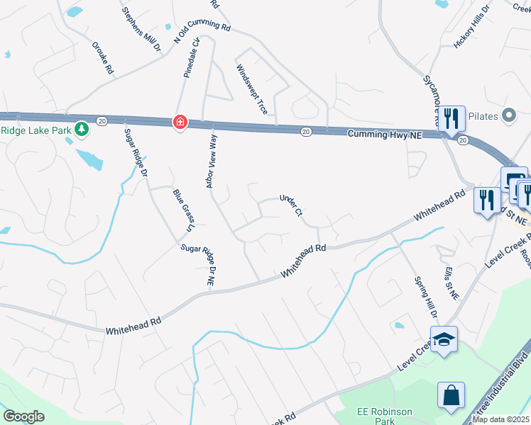 map of restaurants, bars, coffee shops, grocery stores, and more near 870 Underhill Court in Sugar Hill