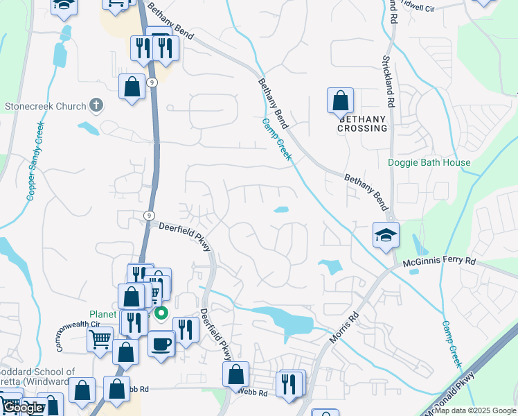 map of restaurants, bars, coffee shops, grocery stores, and more near 365 Silhouette Court in Alpharetta