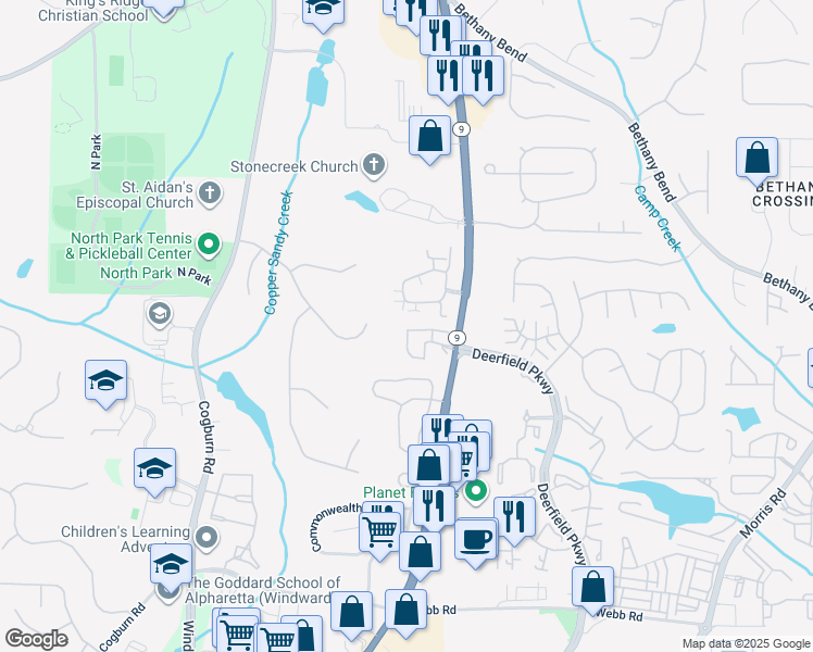 map of restaurants, bars, coffee shops, grocery stores, and more near 13472 Gardiner Lane in Alpharetta