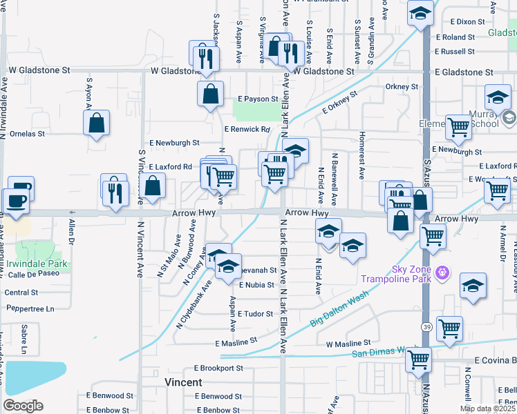 map of restaurants, bars, coffee shops, grocery stores, and more near 5204 North Roxburgh Avenue in Azusa