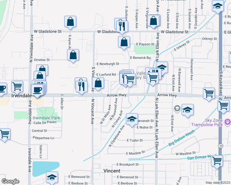 map of restaurants, bars, coffee shops, grocery stores, and more near 1081 West Arrow Highway in Azusa