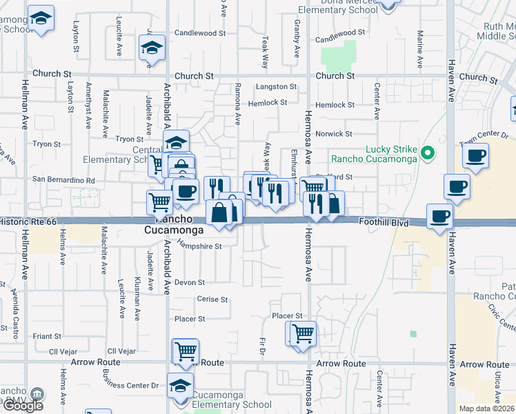 map of restaurants, bars, coffee shops, grocery stores, and more near 9950 Foothill Boulevard in Rancho Cucamonga
