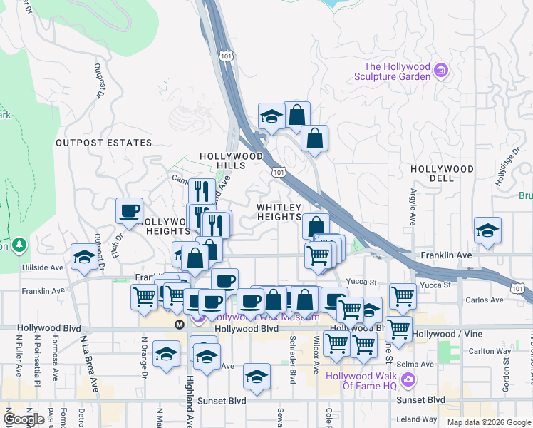 map of restaurants, bars, coffee shops, grocery stores, and more near 6613 Whitley Terrace in Los Angeles
