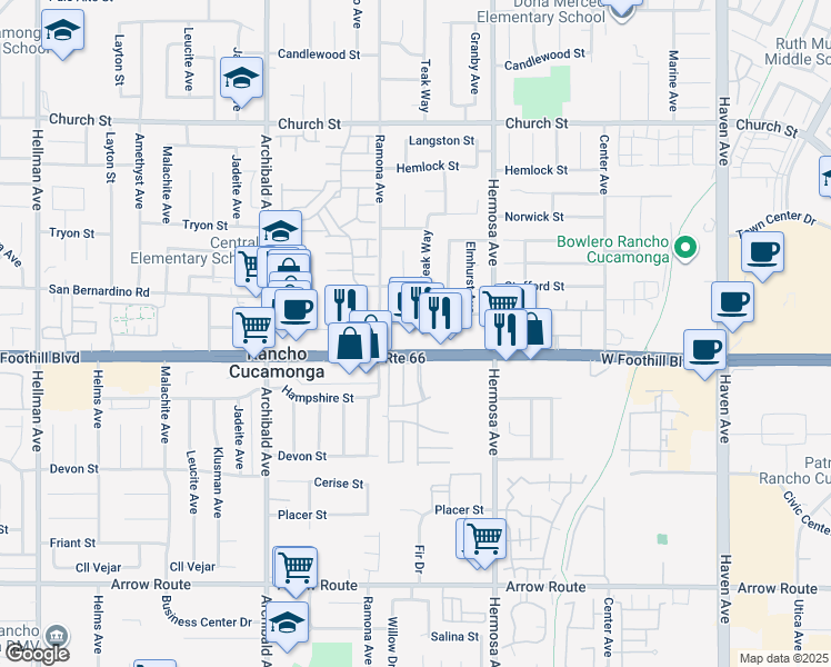 map of restaurants, bars, coffee shops, grocery stores, and more near 9950 Foothill Boulevard in Rancho Cucamonga
