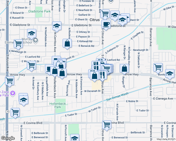 map of restaurants, bars, coffee shops, grocery stores, and more near 797 East Arrow Highway in Azusa